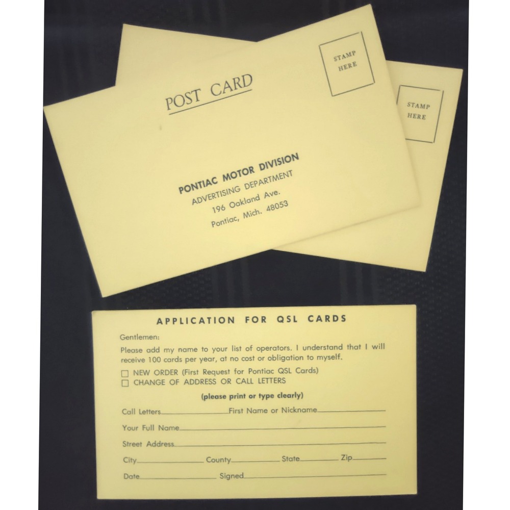 Vintage Pontiac‎ Motor Division Advertising QSL Card Application Postcard